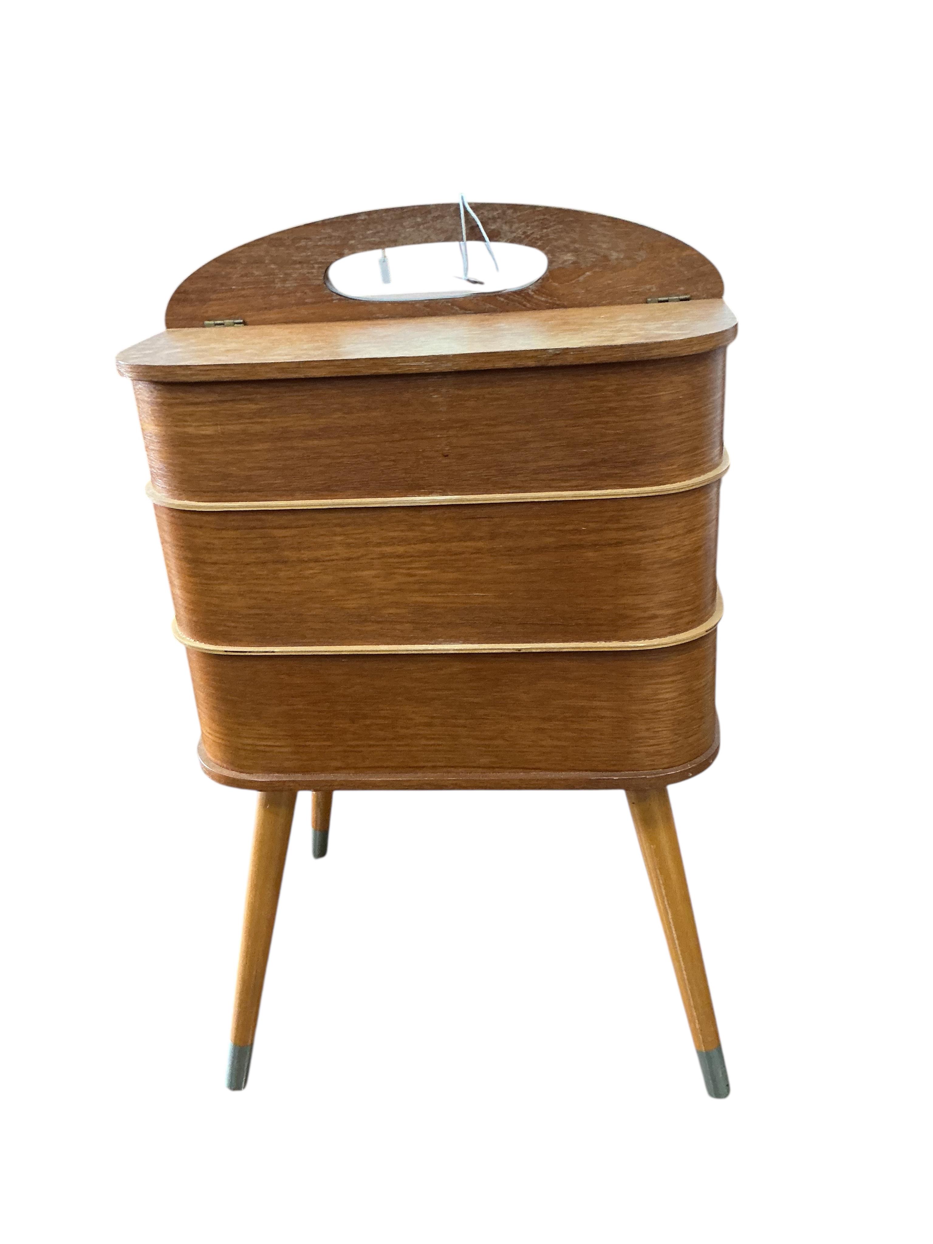 A mid century teak work box, width 35cm, depth 28cm, height 60cm